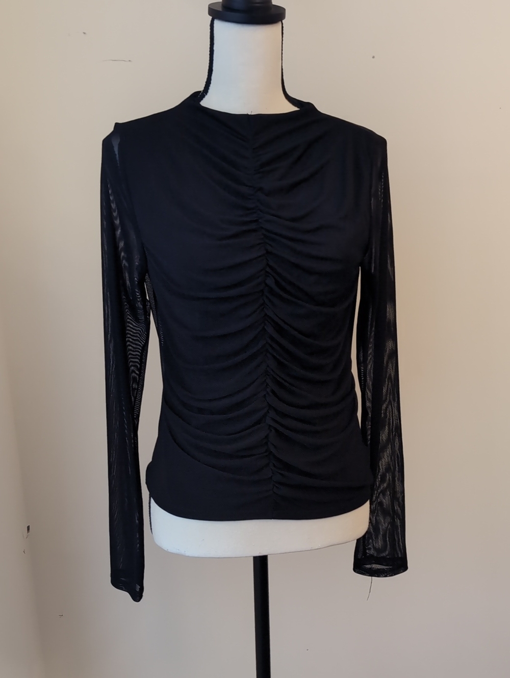 21 Saints Black Ruched Long-Sleeve Mesh-Sleeve Top